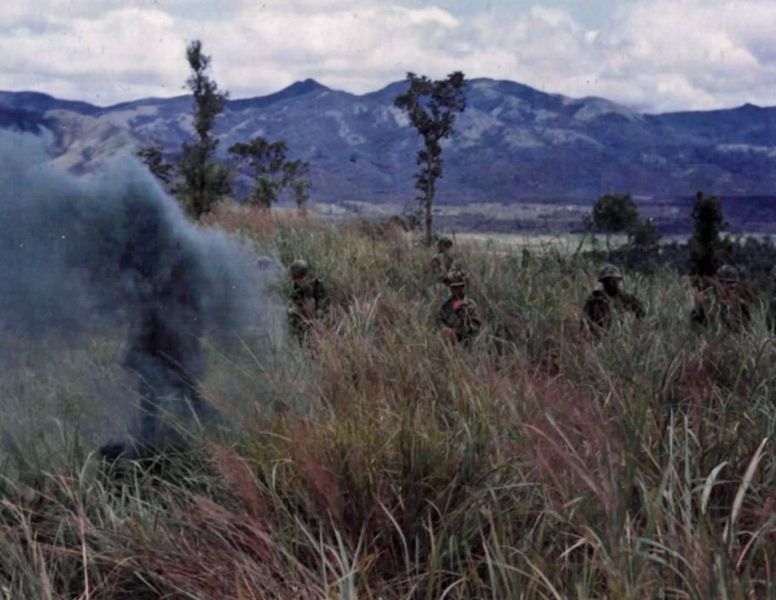 Members of an aerorifle platoon from Troop D, 1st Squadron, 10th Cavalry, 4th Inf Div, use a smoke grenade to guide in helicopters to the landing zone after completing a search and clear operation in the mountains south of Fire Support Base "Action." NARA 1...